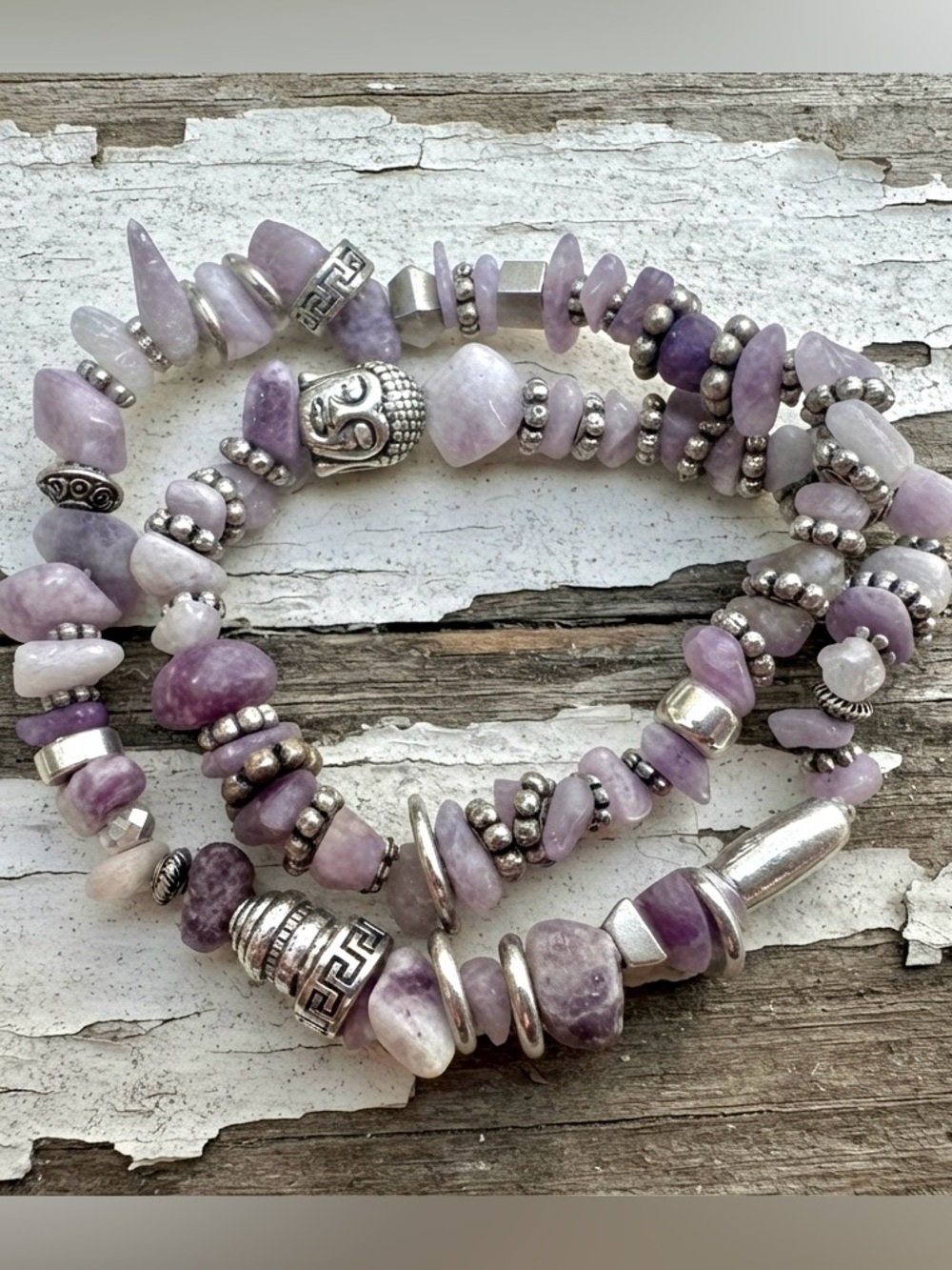 Lavender Quartz & Silver Accent Double Wrap Stretchy Bracelet